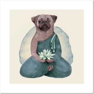 meditating pug with lotus flower 2 Posters and Art